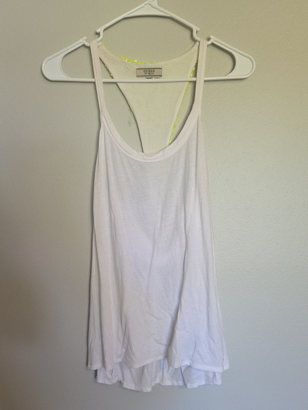 GUESS White Open Racerback Tank Top With Neon Yellow Sequin Back